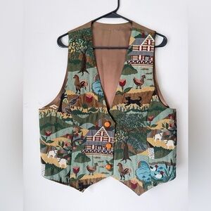 VTG RARE Farm Animal Chicken Duck Multi Color Tapestry Vest Cottage Core Size L